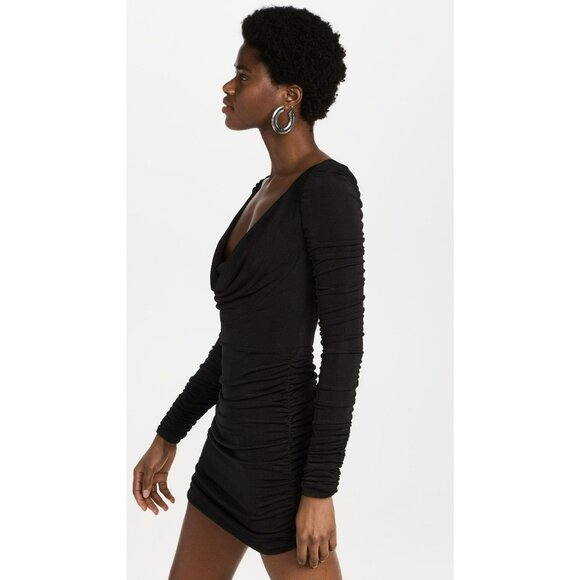 Aliette Black Ruched Bodycon Mini Dress Long Sleeve Stretchy Glam Chic Cocktail - Picture 2 of 13